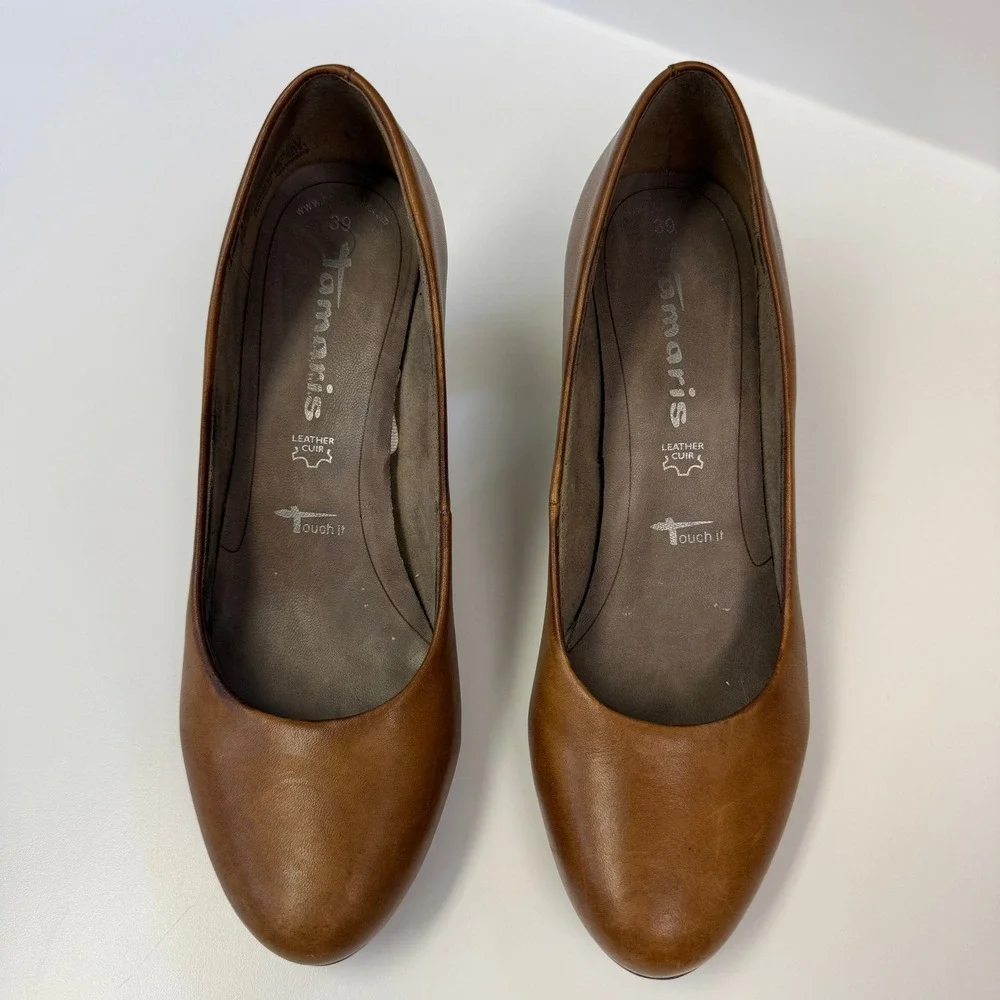 Tamaris Womens Cognac Brown Leather Round Toe Pumps Size 39 Heels Anti-Shock